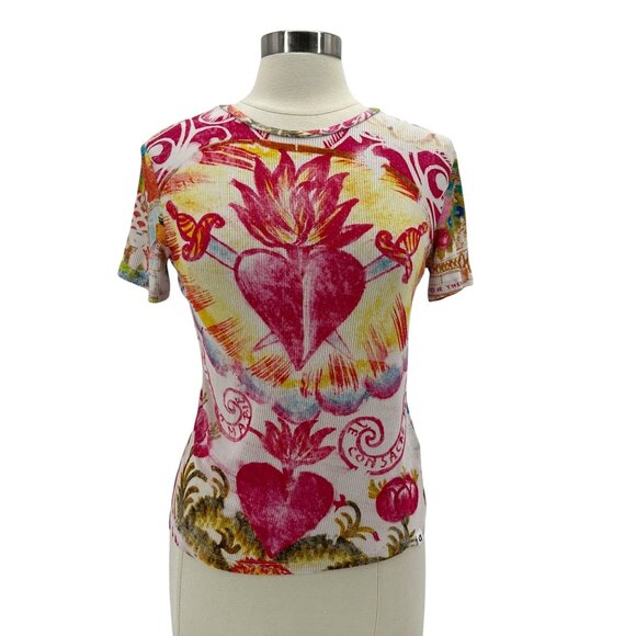 Desigual Womens Medium Top Tattoo Tee Heart Hawaiian Multicolor Fitted Retro - Picture 1 of 8